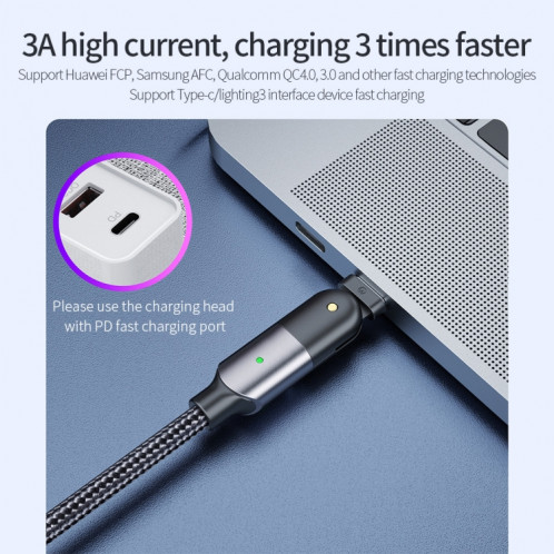 FXCTL-WY0G 60W 3A USB-C / Type-C à Type-C Câble de charge rapide coude rotatif à 180 degrés, longueur: 1,2 m (gris) SH601A1273-015