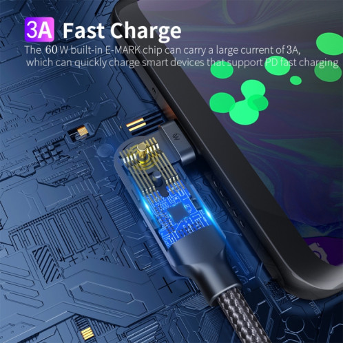 FXCTL-WY0G 60W 3A USB-C / Type-C à Type-C Câble de charge rapide coude rotatif à 180 degrés, longueur: 1,2 m (gris) SH601A1273-015
