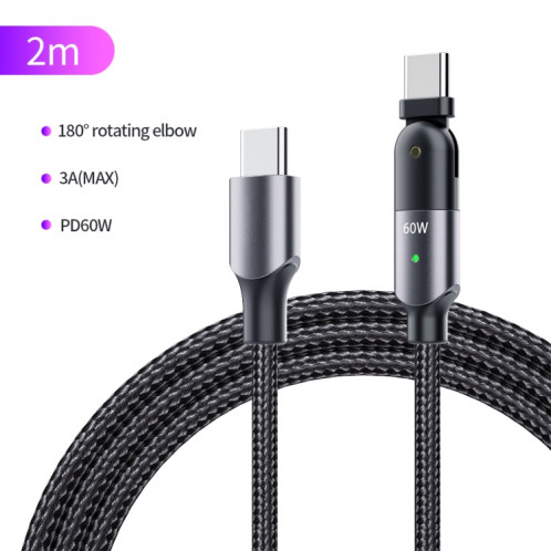 FXCTL-WYA0G 60W 3A USB-C / Type-C à Type-C Câble de charge rapide coude rotatif à 180 degrés, longueur: 2 m (gris) SH602A1356-015