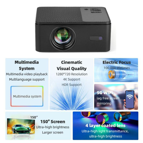 Projecteur intelligent AUN A32 Pro 1280x720P 300ANSI Android 13, écran WIFI, prise AU (noir) SA303A1626-010