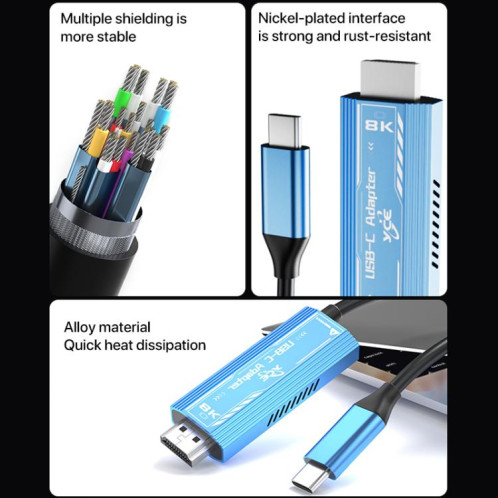 Câble adaptateur YCE-V286 Type-C vers PD3.0 et HDMI 8K (bleu) SH501A1967-09