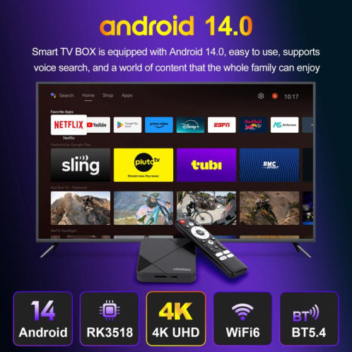 Boîtier TV intelligent H96Max 4K UHD Android 14 avec télécommande, processeur RK3518 Quad-Core 2 Go + 16 Go () SH503A1576-013
