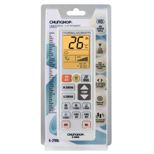 Télécommande universelle pour climatiseur CHUNGHOP K-2988E avec lampe torche et rétroéclairage LCD (blanc) SC401B1189-04