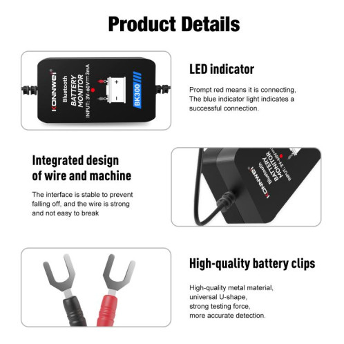 Outil de diagnostic de batterie de voiture KONNWEI BK300 6 V/12 V/24 V Bluetooth 5.0 (noir) SK501A394-020