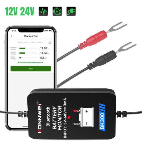 Outil de diagnostic de batterie de voiture KONNWEI BK300 6 V/12 V/24 V Bluetooth 5.0 (noir) SK501A394-020