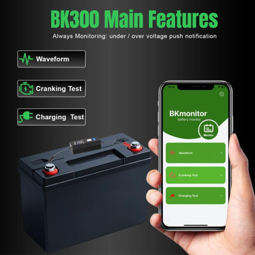 Outil de diagnostic de batterie de voiture KONNWEI BK300 6 V/12 V/24 V Bluetooth 5.0 (noir) SK501A394-020