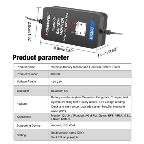 Outil de diagnostic de batterie de voiture KONNWEI BK300 6 V/12 V/24 V Bluetooth 5.0 (noir) SK501A394-020