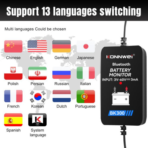 Outil de diagnostic de batterie de voiture KONNWEI BK300 6 V/12 V/24 V Bluetooth 5.0 (noir) SK501A394-020