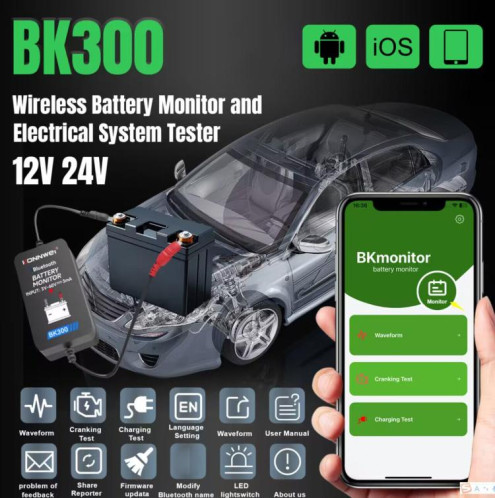 Outil de diagnostic de batterie de voiture KONNWEI BK300 6 V/12 V/24 V Bluetooth 5.0 (noir) SK501A394-020
