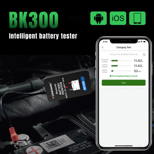 Outil de diagnostic de batterie de voiture KONNWEI BK300 6 V/12 V/24 V Bluetooth 5.0 (noir) SK501A394-020