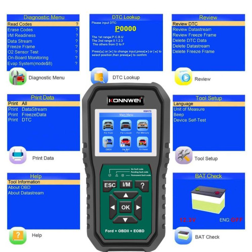 Outil de diagnostic de panne OBD2 pour voiture KONNWEI KW470, écran couleur 2,8 pouces, pour Ford (noir et vert) SK101A648-043