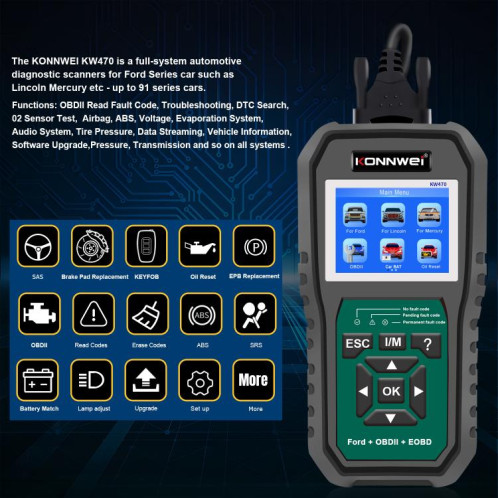 Outil de diagnostic de panne OBD2 pour voiture KONNWEI KW470, écran couleur 2,8 pouces, pour Ford (noir et vert) SK101A648-043