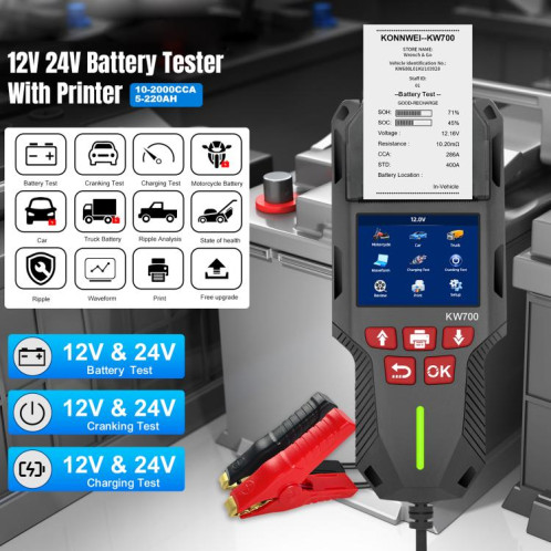 Testeur de batterie de voiture KONNWEI KW700 12 V/24 V, écran couleur 2,8 pouces, avec imprimante (noir) SK201A801-020