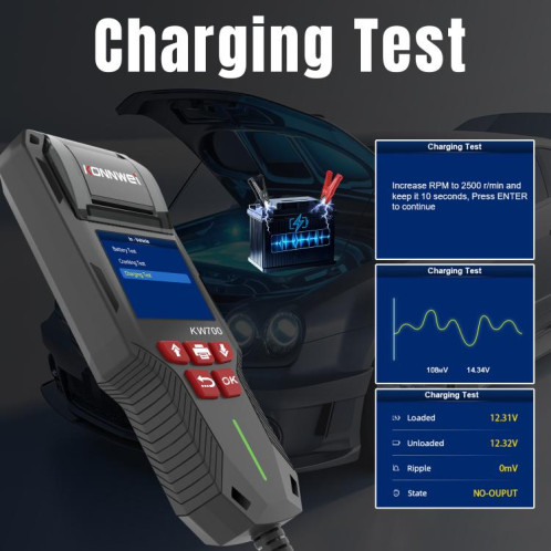 Testeur de batterie de voiture KONNWEI KW700 12 V/24 V, écran couleur 2,8 pouces, avec imprimante (noir) SK201A801-020