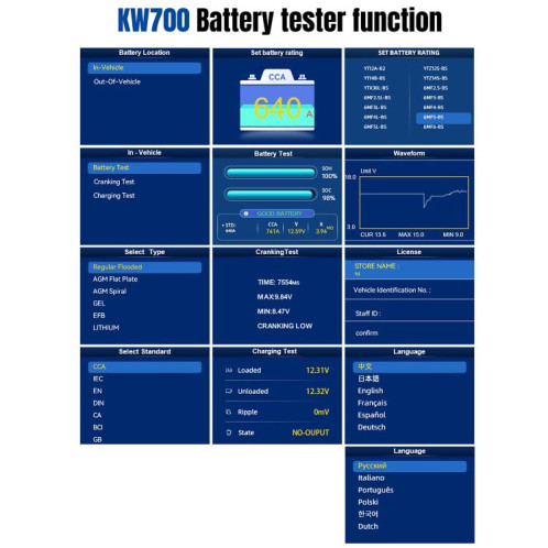 Testeur de batterie de voiture KONNWEI KW700 12 V/24 V, écran couleur 2,8 pouces, avec imprimante (noir) SK201A801-020