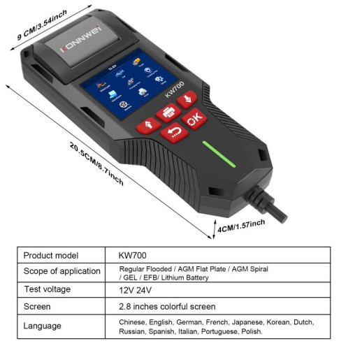 Testeur de batterie de voiture KONNWEI KW700 12 V/24 V, écran couleur 2,8 pouces, avec imprimante (noir) SK201A801-020