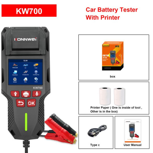 Testeur de batterie de voiture KONNWEI KW700 12 V/24 V, écran couleur 2,8 pouces, avec imprimante (noir) SK201A801-020
