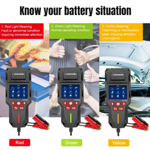 Testeur de batterie de voiture KONNWEI KW700 12 V/24 V, écran couleur 2,8 pouces, avec imprimante (noir) SK201A801-020