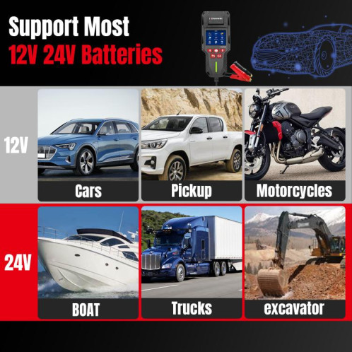 Testeur de batterie de voiture KONNWEI KW700 12 V/24 V, écran couleur 2,8 pouces, avec imprimante (noir) SK201A801-020
