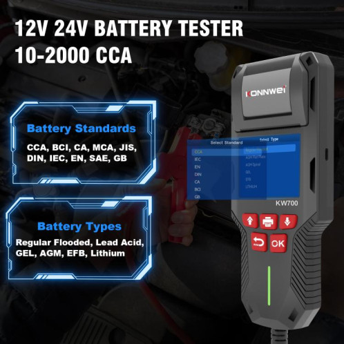 Testeur de batterie de voiture KONNWEI KW700 12 V/24 V, écran couleur 2,8 pouces, avec imprimante (noir) SK201A801-020