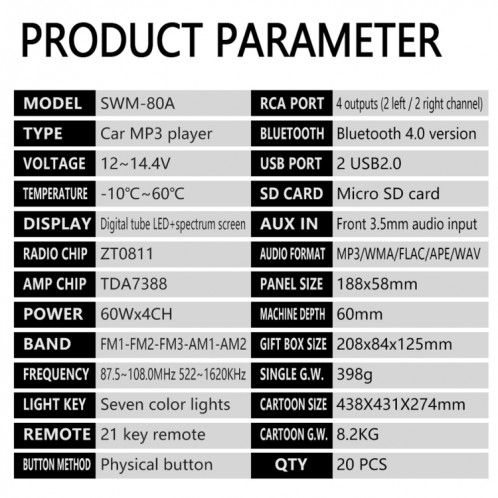 SWM-80B DC12V Car MP3 Support MP3 FM / AM & Bluetooth et Bluetooth et assistant téléphonique mobile SH8070121-016