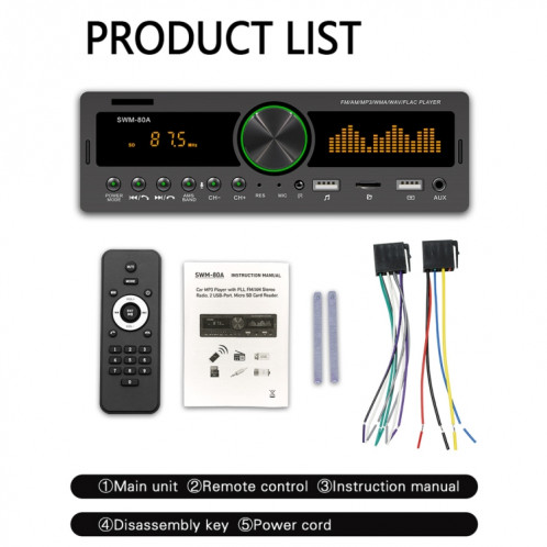 SWM-80B DC12V Car MP3 Support MP3 FM / AM & Bluetooth et Bluetooth et assistant téléphonique mobile SH8070121-016