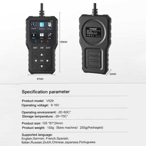 Lecteur de codes d'erreur de moteur de voiture FOXSUR V529 OBD2 (noir) SF201A780-010