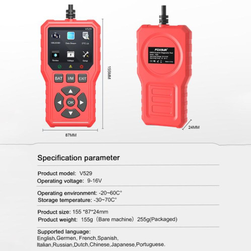Lecteur de codes d'erreur de moteur de voiture FOXSUR V529 OBD2 (rouge) SF201B1588-010