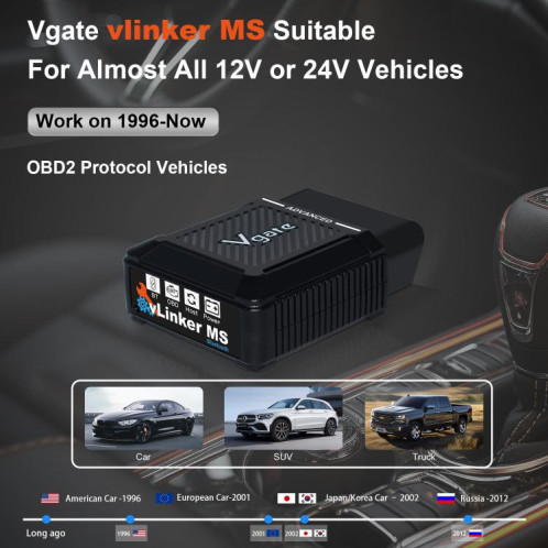 Scanner OBD2 Bluetooth pour voiture Vgate vLinker MS 12 V/24 V (noir) SV801A1745-011
