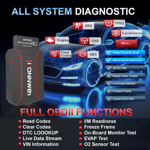 Outil de diagnostic complet KONNWEI MAXOBD pour voiture, lecture de codes OBD2 (noir) SK001A1266-014