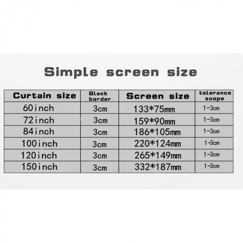 Rideau de film de projecteur en polyester fin pliable simple, taille : 182,9 cm (16:9) zone de projection : 159 x 90 cm. SH3903352-011