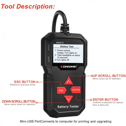 Détecteur de batterie de résistance de capacité de batterie de test de batterie de voiture KONNWEI KW210 SK9473128-017