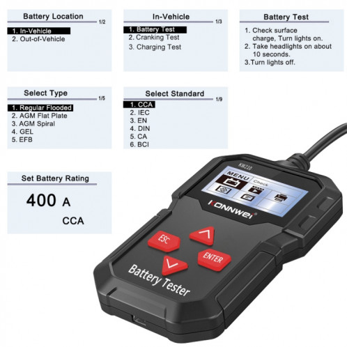 Détecteur de batterie de résistance de capacité de batterie de test de batterie de voiture KONNWEI KW210 SK9473128-017