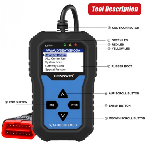 Scanner de détecteur de Diagnostic de voiture KONNWEI KW350 OBDII 12 V avec écran d'affichage noir et blanc de 2 pouces V007 pour Audi / Volkswagen SK9477820-019