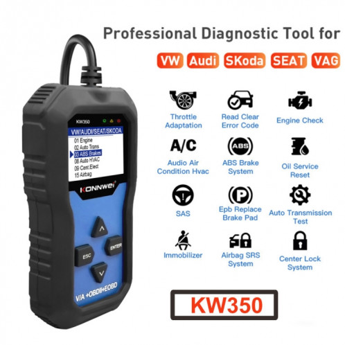 Scanner de détecteur de Diagnostic de voiture KONNWEI KW350 OBDII 12 V avec écran d'affichage noir et blanc de 2 pouces V007 pour Audi / Volkswagen SK9477820-019