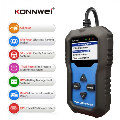 Scanner de détecteur de Diagnostic de voiture KONNWEI KW350 OBDII 12 V avec écran d'affichage noir et blanc de 2 pouces V007 pour Audi / Volkswagen SK9477820-019