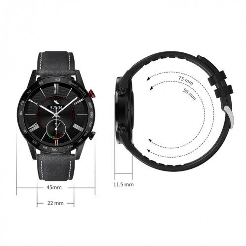 Q88 Montre intelligente Bluetooth à double mode à écran tactile de 1,28 pouces, moniteur de sommeil / moniteur de fréquence cardiaque / surveillance de la pression artérielle (bracelet en cuir noir) SH701B634-020