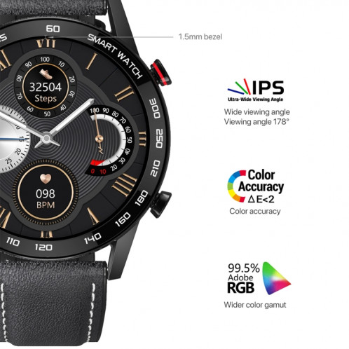 Q88 Montre intelligente Bluetooth à double mode à écran tactile de 1,28 pouces, moniteur de sommeil / moniteur de fréquence cardiaque / surveillance de la pression artérielle (bracelet en cuir noir) SH701B634-020