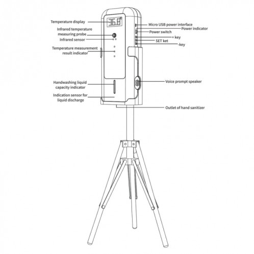 Thermomètre infrarouge YAD-001 + distributeur de stérilisation à capteur infrarouge automatique avec support de montage sur trépied SH01161848-09