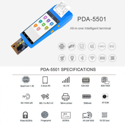 PDA-5501 Écran IPS multi-fonction de 5,5 pouces IP65 Protection Terminal intelligent tout-en-un, imprimante et micro à ligne thermique intégrée et haut-parleur, support WiFi & Bluetooth et GPS (gris) SH234H1903-011