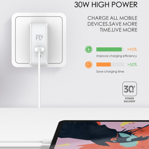 LDNIO A4403C 30W PD + ID Auto-ID FIXABLE FAST VOYAGE DE VOYAGE AVEC LE CÂBLE USB-C / C / TYPE C 1M, Fiche EU SL98EU33-09