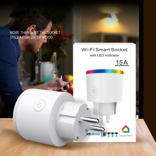 15A WiFi EU Plug Alimentation Adaptateur Électricité Statistiques APP Télécommande Timer Smart Socket, avec Alexa et Google Accueil & RVB Couleurs LED Lumière, AC 100-250V SH03671826-010