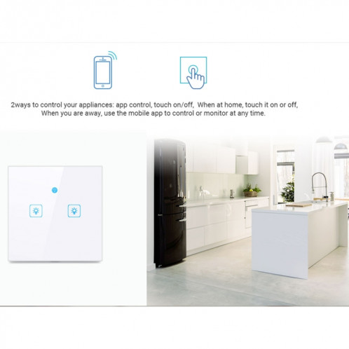 WS-EU-02 EWeLink APP & Touch Control 2A Interrupteur mural intelligent avec panneau en verre trempé à 2 voies pour 2 voies, CA 90V-250V, Prise EU SH40241833-010