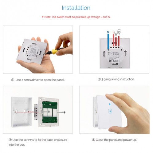 WS-EU-03 Interrupteur mural intelligent avec panneau en verre trempé EWeLink pour APP, écran tactile 2A 3 voies, 3 voies, CA 90V-250V, prise européenne SH4025370-010