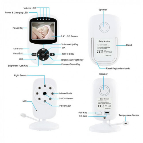BM-SM24 Moniteur pour bébé avec caméra de surveillance sans fil à affichage à cristaux liquides de 2,4 pouces à cristaux liquides et 2,4 GHz avec vision nocturne à 8 infrarouge à LED SH132W518-013