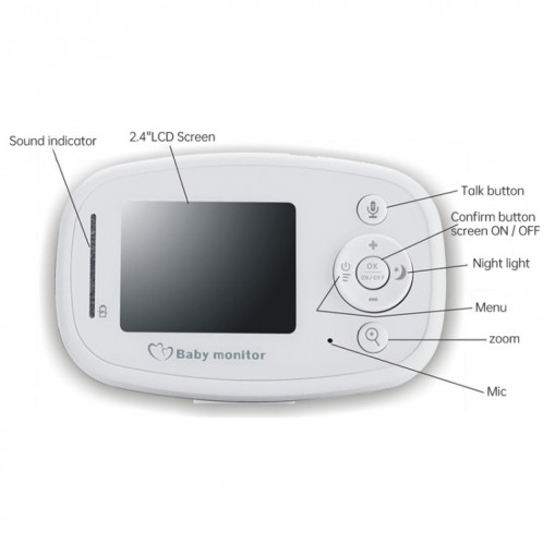 BM-SP820 Moniteur pour bébé avec caméra de surveillance sans fil à affichage à cristaux liquides de 2,4 pouces à cristaux liquides et 2,4 GHz avec vision nocturne à 7 infrarouge à LED, conversation vocale à deux SH133W130-013