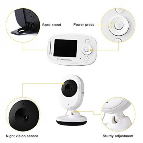 BM-SP820 Moniteur pour bébé avec caméra de surveillance sans fil à affichage à cristaux liquides de 2,4 pouces à cristaux liquides et 2,4 GHz avec vision nocturne à 7 infrarouge à LED, conversation vocale à deux SH133W130-013