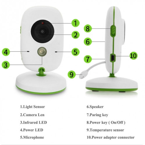 VB602 Moniteur pour bébé avec caméra de surveillance sans fil à affichage à cristaux liquides de 2,4 pouces à cristaux liquides, 2,4 GHz, Prise en charge de la conversation en arrière, Vision nocturne (Blanc) SH138W1145-012