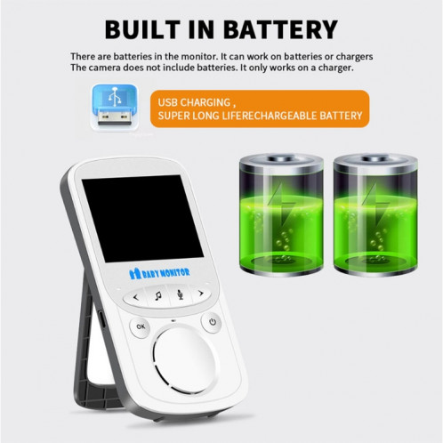 VB605 Moniteur pour bébé avec caméra de surveillance sans fil à affichage à cristaux liquides de 2,4 pouces à cristaux liquides, 2,4 GHz, Prise en charge de la conversation en arrière, Vision nocturne (Blanc) SH140W231-013