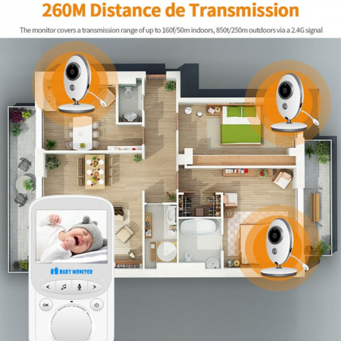 VB605 Moniteur pour bébé avec caméra de surveillance sans fil à affichage à cristaux liquides de 2,4 pouces à cristaux liquides, 2,4 GHz, Prise en charge de la conversation en arrière, Vision nocturne (Blanc) SH140W231-013